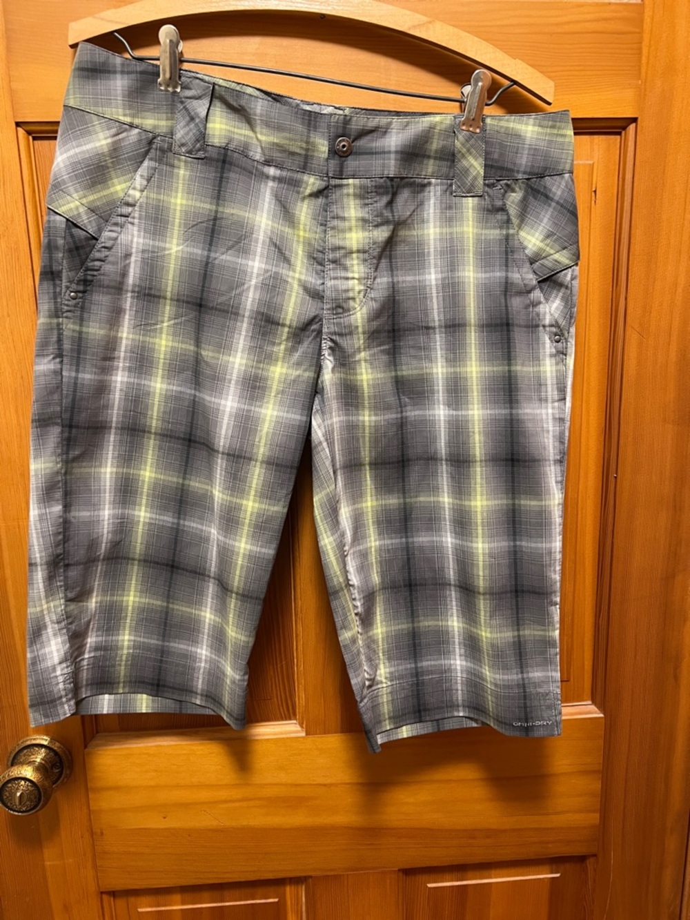 Women’s Gray Plaid Flat-Front Shorts with Yellow-Green Stripe